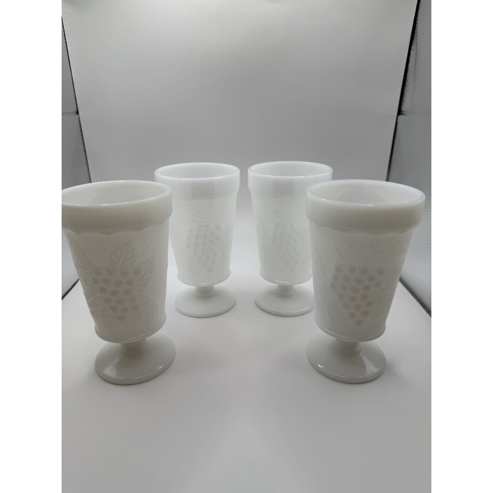 Set of 4 Milk Glass Footed Goblets Grape Vine Pattern Vintage Drinkware